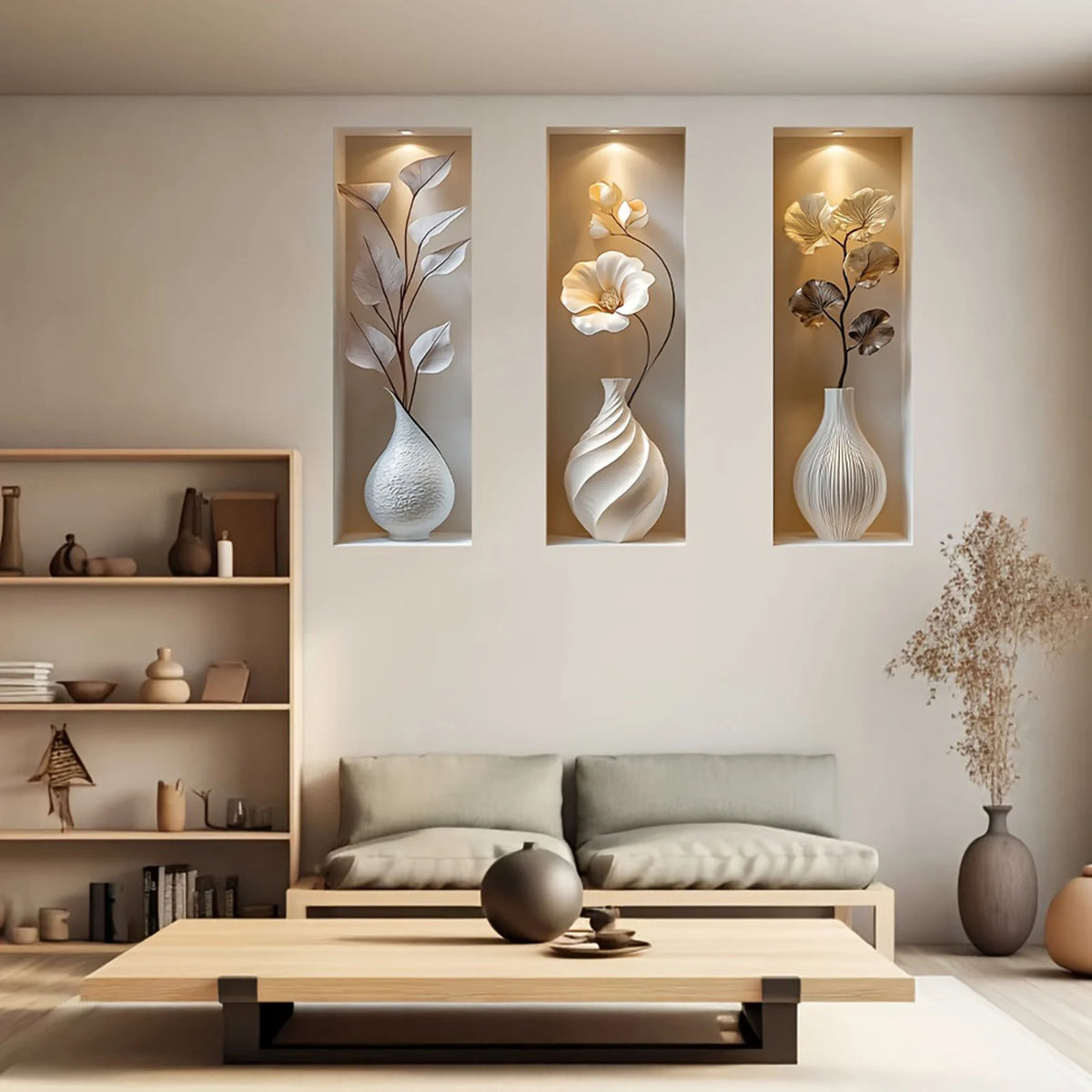 décorations murales modernes blanc beige doré fleurs vases sculptés opaquesintérieur salon chambre