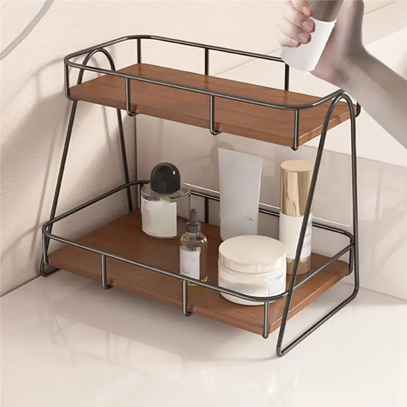 étagère deux niveaux bois marron clair métal noir moderne minimaliste bouteilles cosmétiques horloge parfum