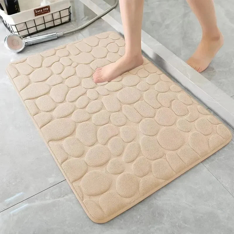 tapis bain mousse mémoire forme absorption eau antidérapant galets relief moderne beige gris