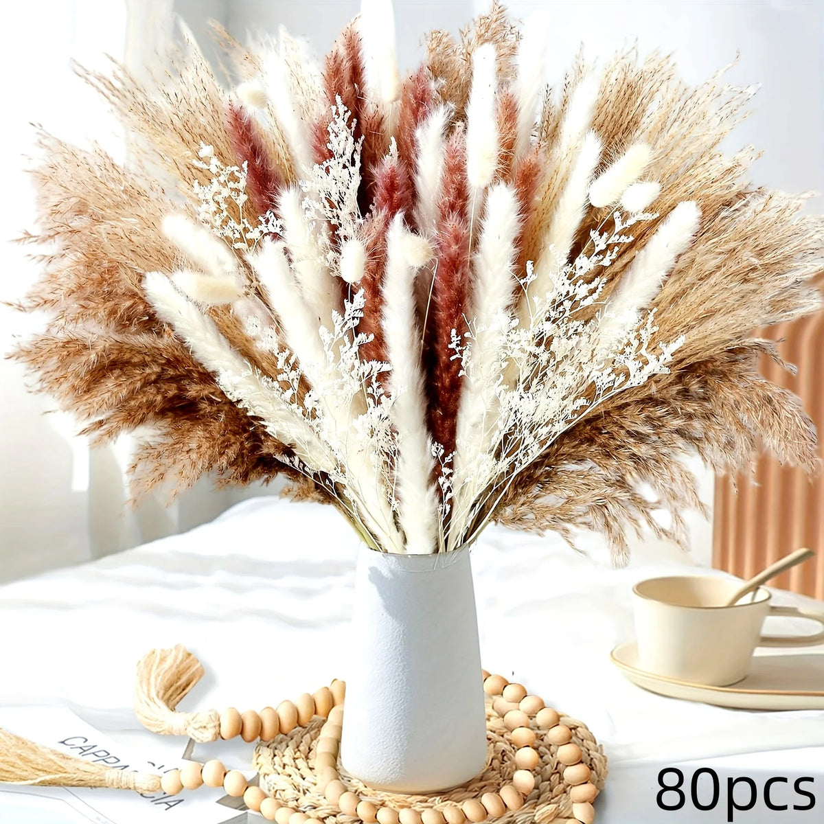 bouquet fleurs séchées beige vert boho rustique décoration intérieure anniversaire mariage pendaison crémaillère