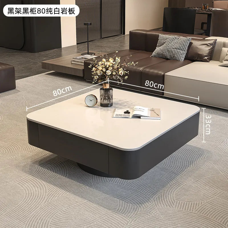 table basse carrée salon minimaliste marbre noir blanc tiroir métal solide