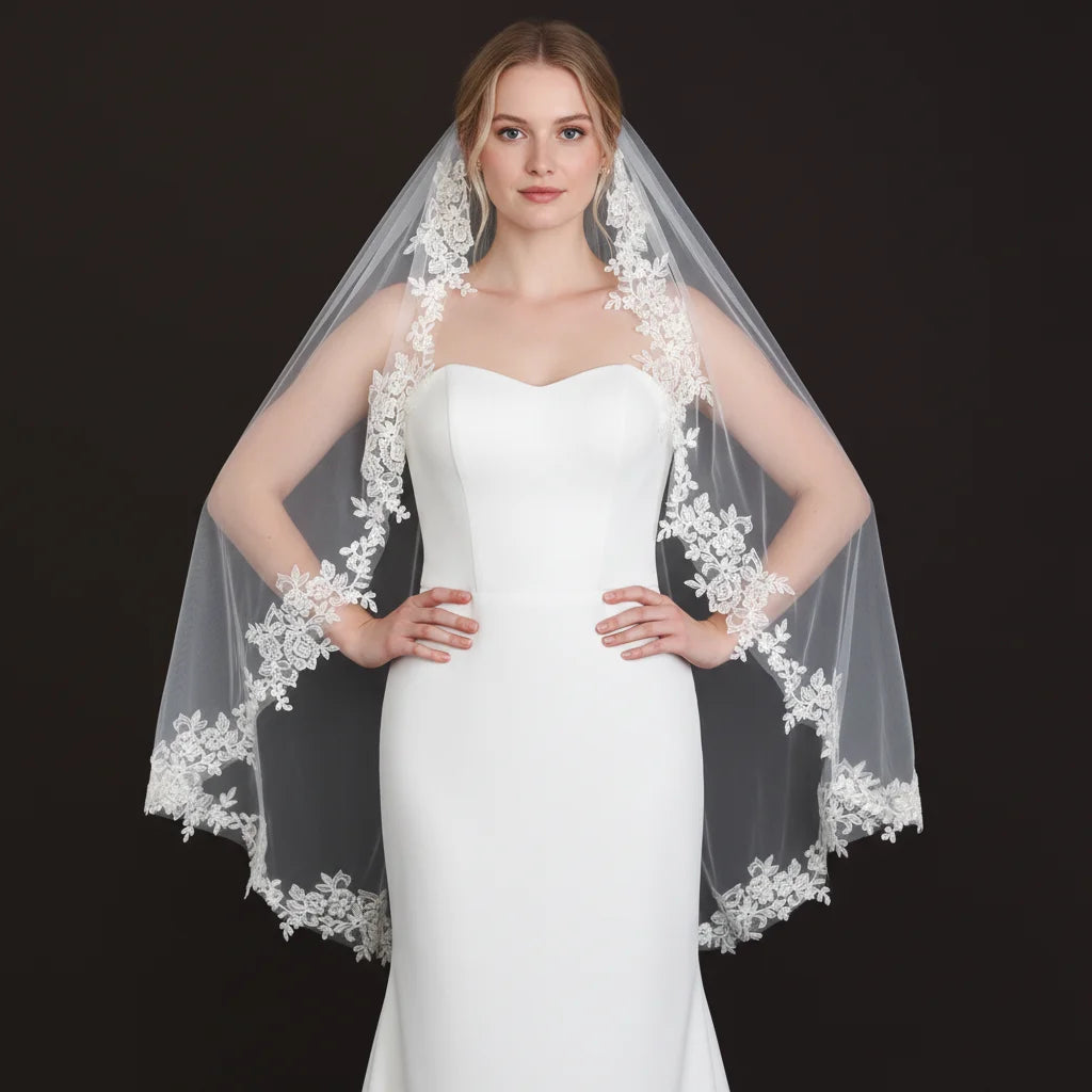 voile mariée blanc broderie florale classique bordure dentelle transparent femme