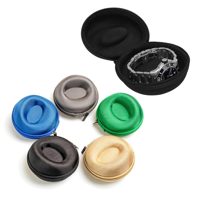 étuis ronds montres couleurs bleu gris noir vert tissés modernes fermeture glissière simili cuir