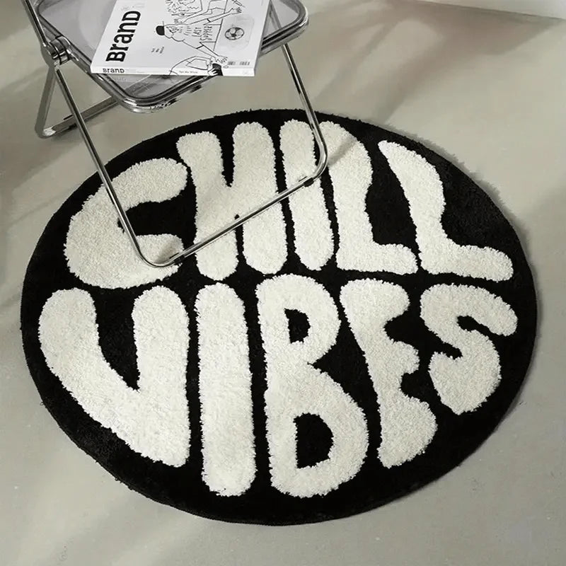 tapis rond polyester chill vibes antidérapant moderne salon chambre noire blanche