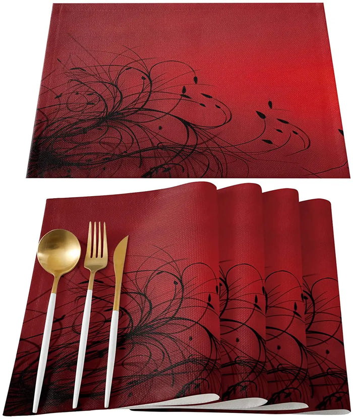 Set de 4 sets de table lavables en polyester rouge avec motif fleur noire abstraite
