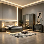 ensemble chambre coucher moderne lit double tables chevet commode miroir armoire tapis gris foncé