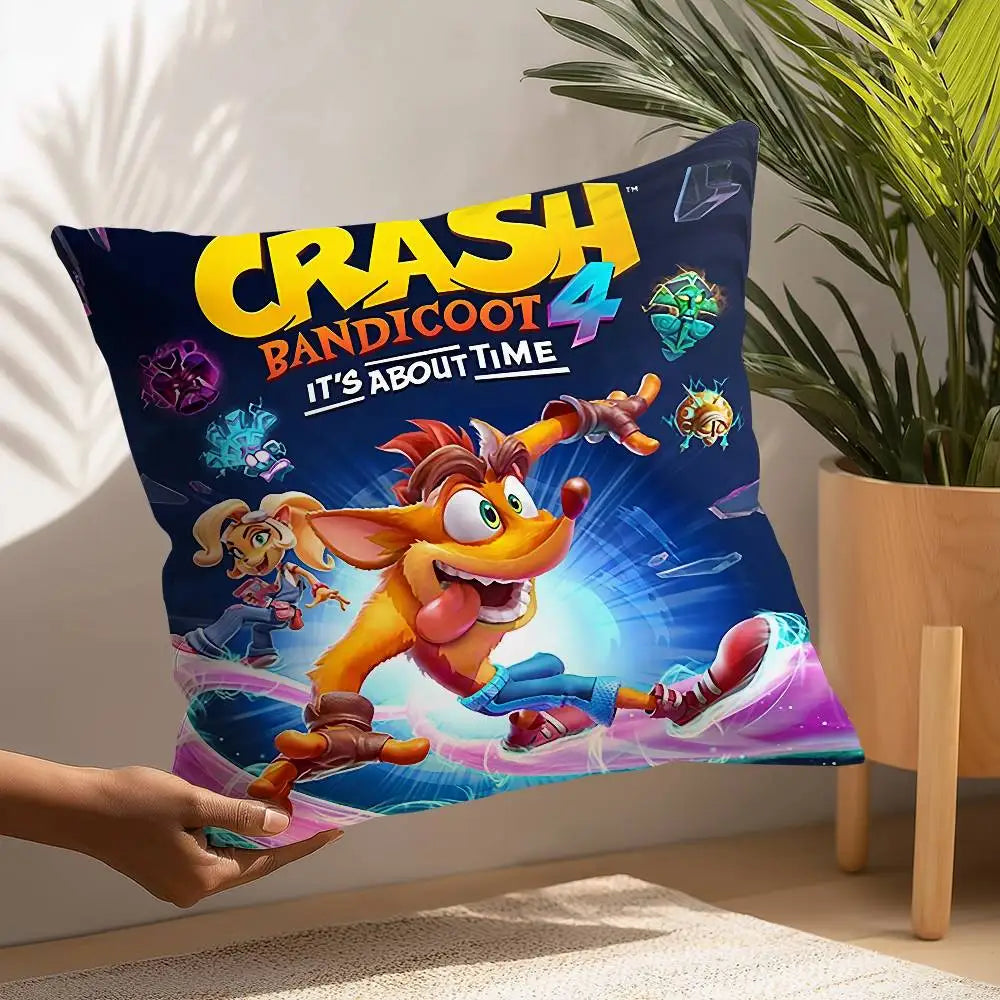 coussin décoratif carré crash bandicoot microfibre peluche cartoon orange bleu chambre salon enfant