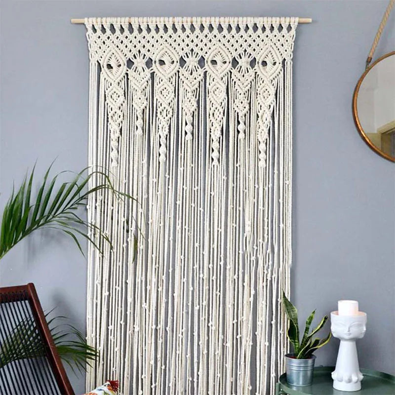 rideau macramé boho chic beige motifs géométriques opacité tissu coton machine eyelets chambre salon
