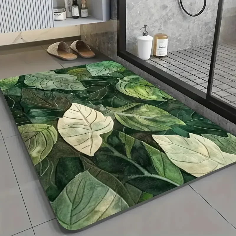 tapis bain moderne feuilles plantes vertes coton antidérapant absorbant eau salle bain machine lavable