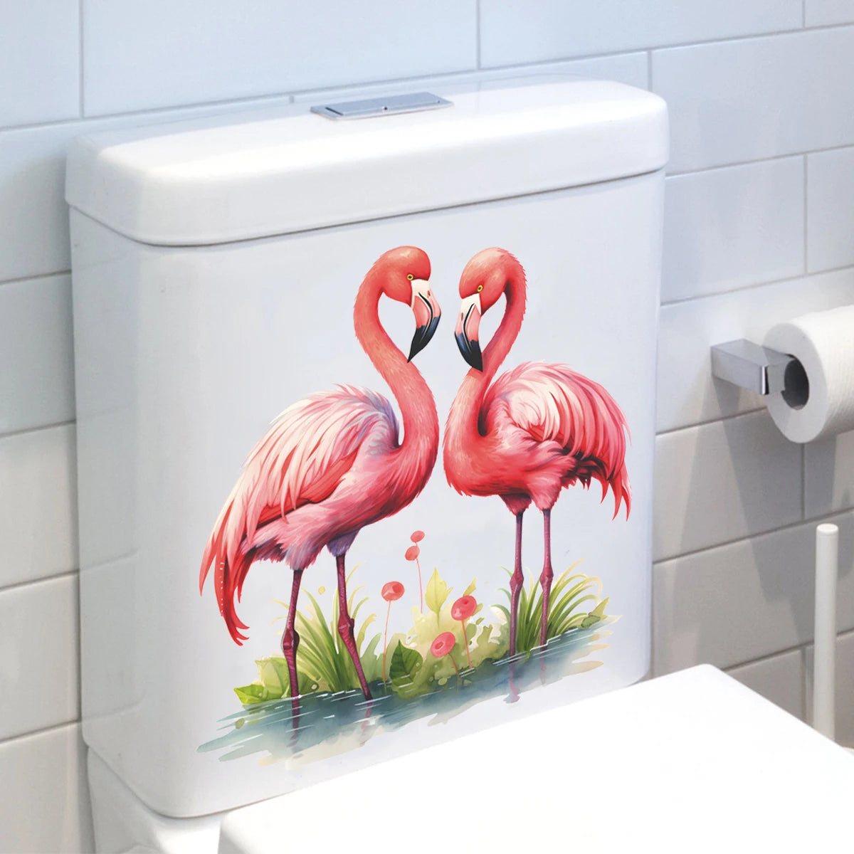 cache wc moderne flamants roses paysage aquatique clips auto adhésif pvc blanc rose vert