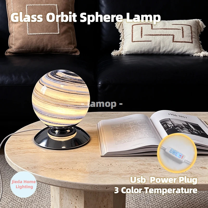 lampe table moderne blanc bleu marron rayures horizontales base métallique prise usb cable alimentation