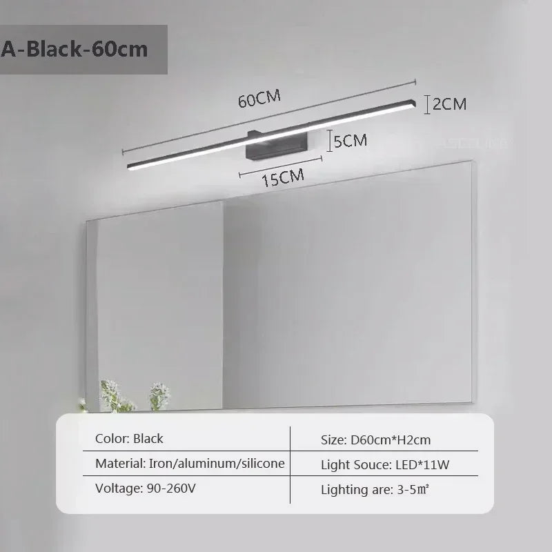 lampe frontale led noire moderne 60cm 80cm 100cm fixation murale salle bain chambre cuisine
