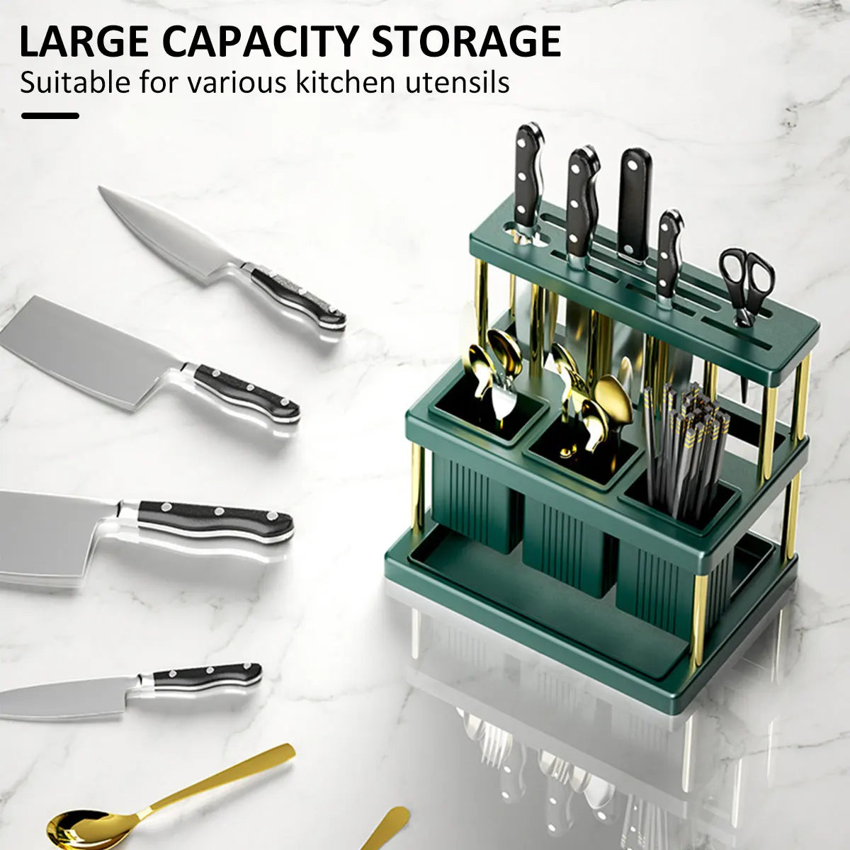 support cuisine moderne vert rayures couteaux fourchettes cuillères scies baguettes organiser gain place