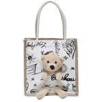 sac main toile vache motif moderne ours peluche poignées corde blanc noir tendance portable
