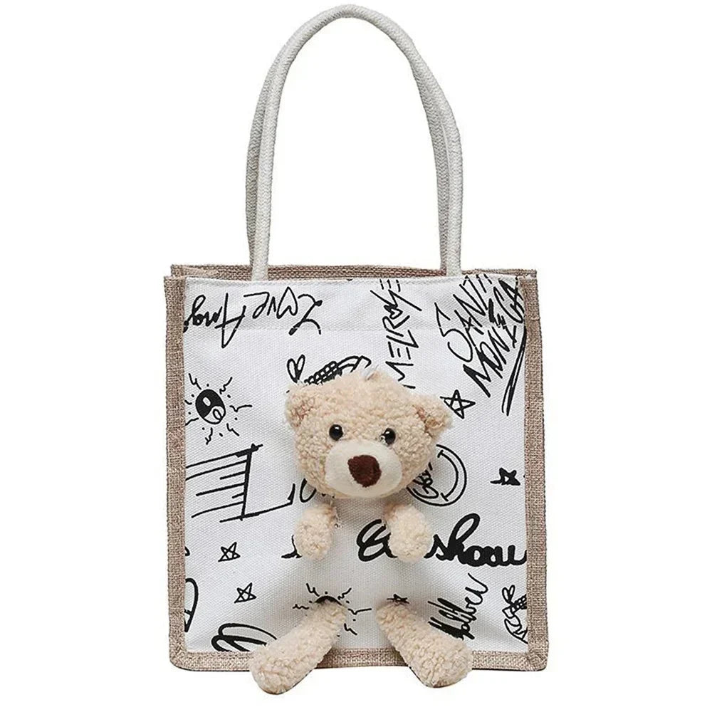 sac main toile vache motif moderne ours peluche poignées corde blanc noir tendance portable
