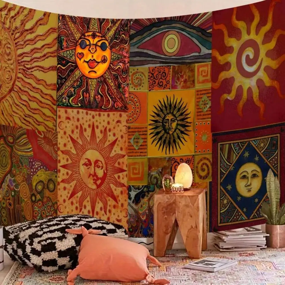 tapisserie murale bohème multicolore motifs soleil lune oeil 100 polyestère rectangle
