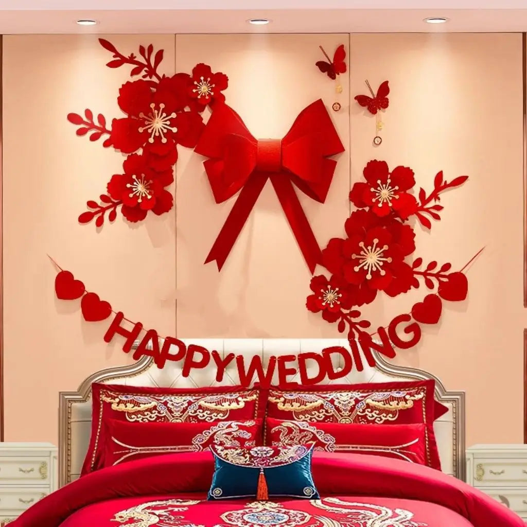décoration mariage fleurs 3d noeud papillon symbole double bonheur happy wedding adhésif traditionnel asiatique