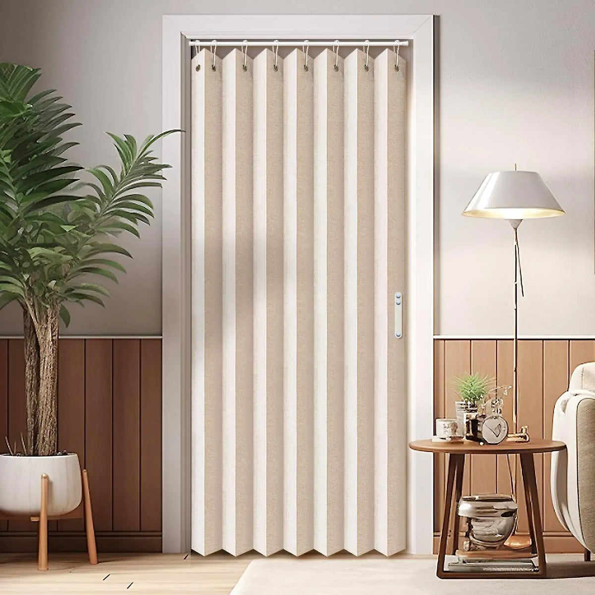 rideaux porte pliante moderne rayures verticales texture lin opacité variable tringle inclusion beigeclair