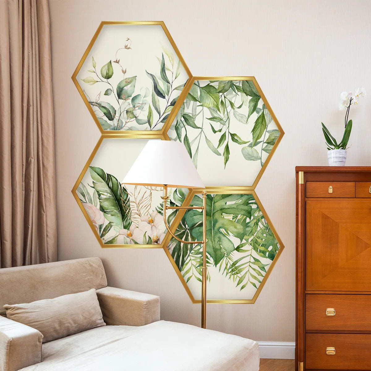 cadres hexagonaux adhésifs feuilles tropicales fleurs modernes or vert blanc chambre salon decoration