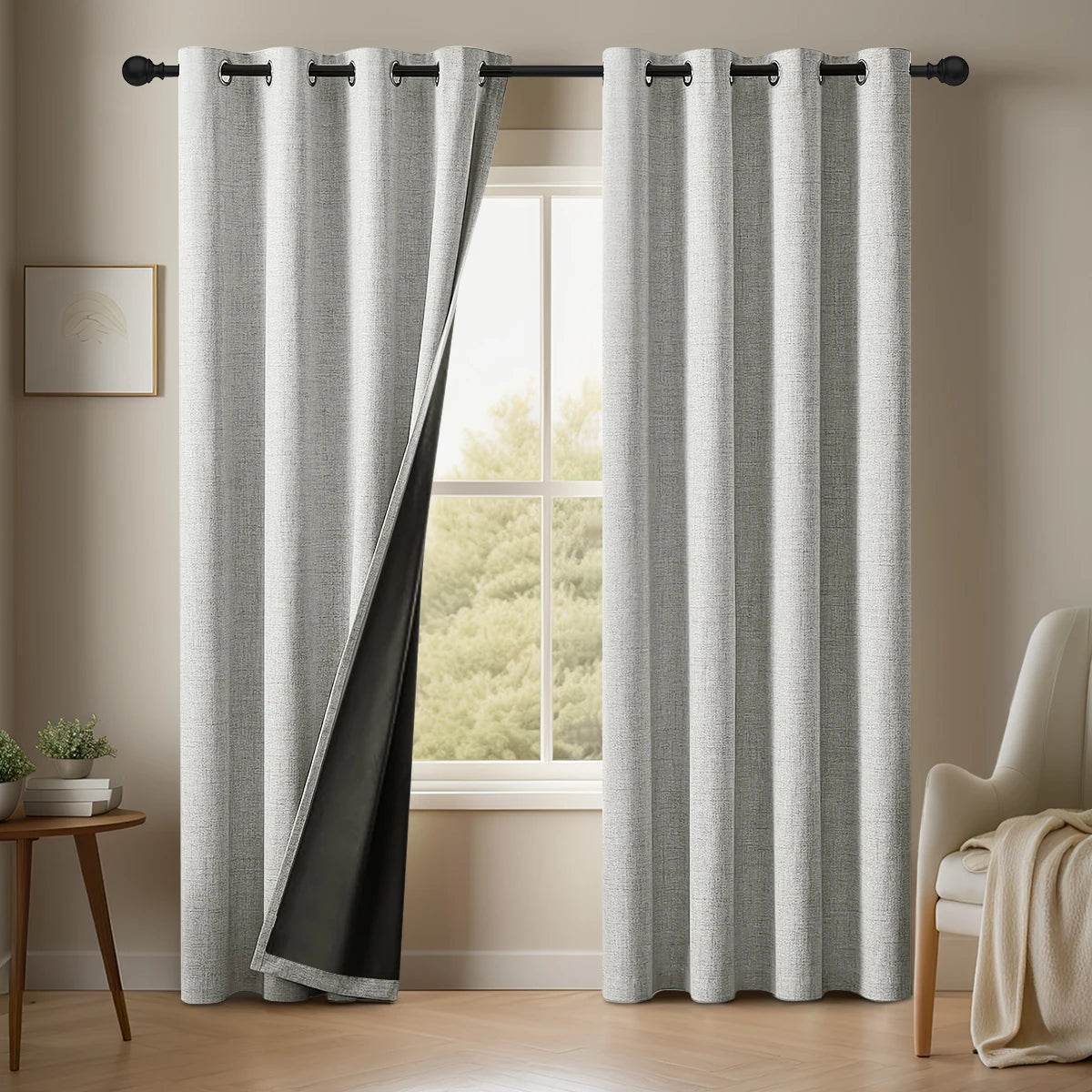 rideau texturé lin gris clair opaque moderne tringle minimaliste chambre salon