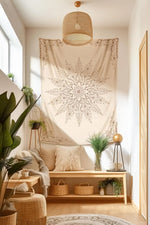 tapisserie murale boho chic motif floral complexe polyester beige clair foncé rectangle moderne