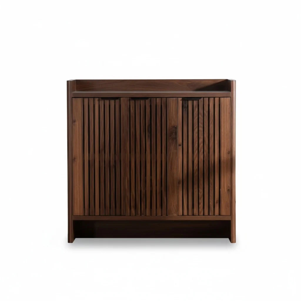 meuble bas moderne rangement chaussures marron foncé bois massif compartiments élégants minimaliste