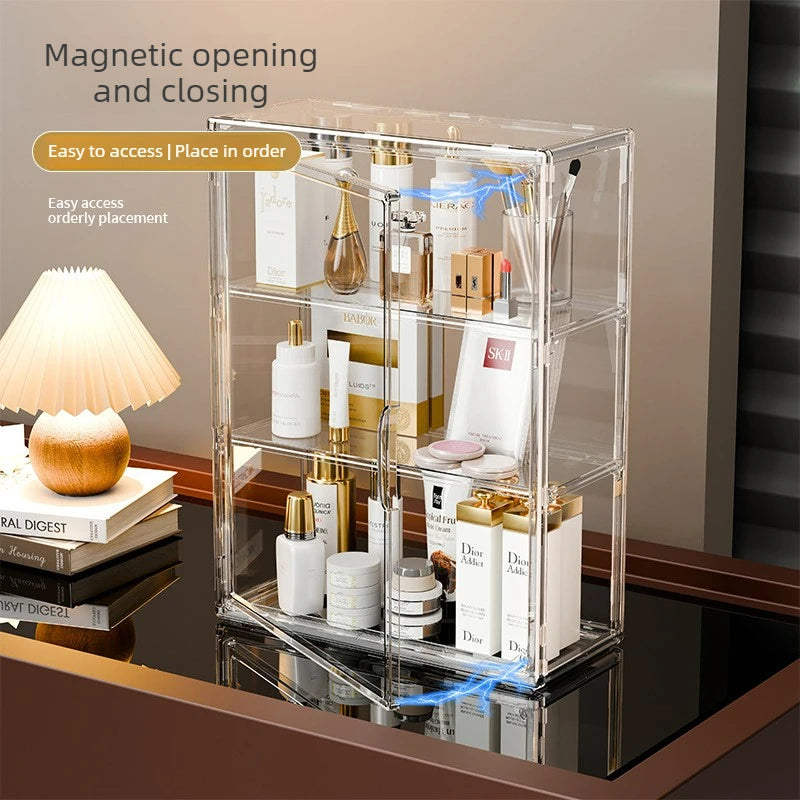 boîte rangement cosmétique transparente moderne anti poussière fixée mur comptoir organisateur maquillage chambre coucher