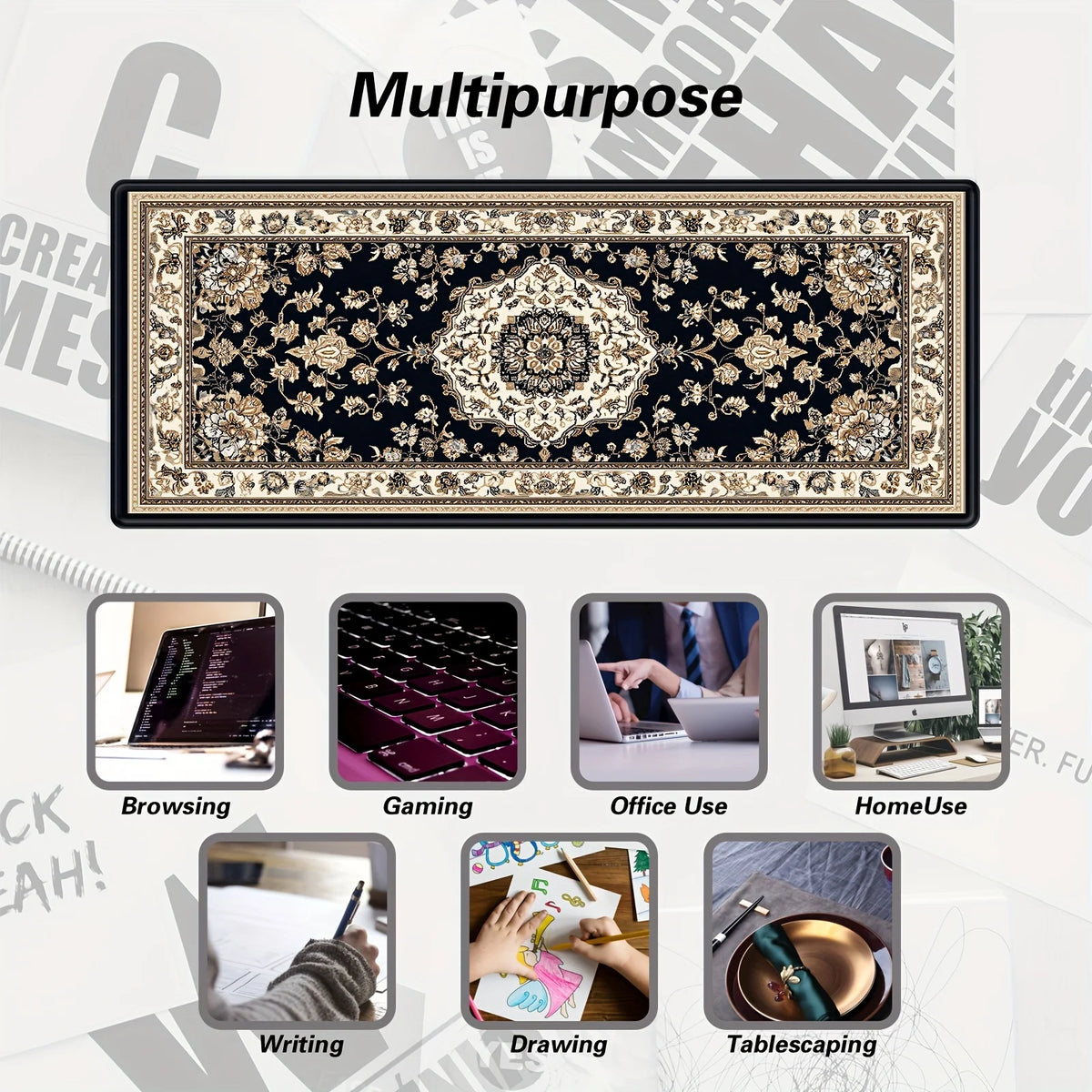 tapis noir floral classique opulent travail maison dimension 300x800 400x900