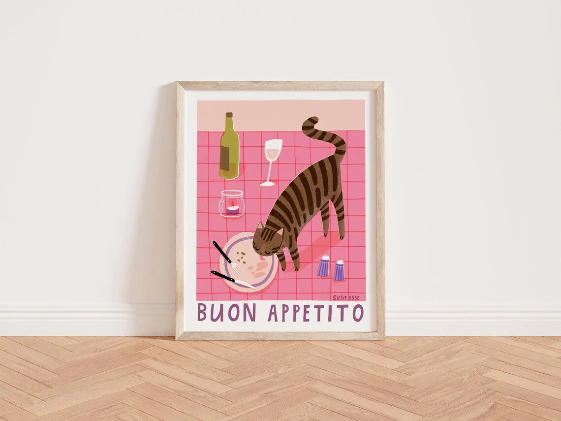 affiche imprimée chat noir blanc illustration fleur cadre doré salle manger cuisine 30x40cm