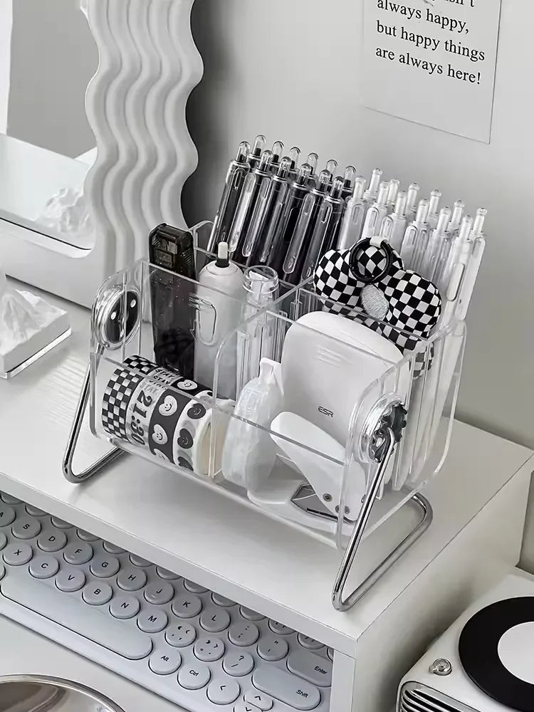 rangements transparent moderne compartiments stylos telephone livre rubans maquillage calendrier notes clavier