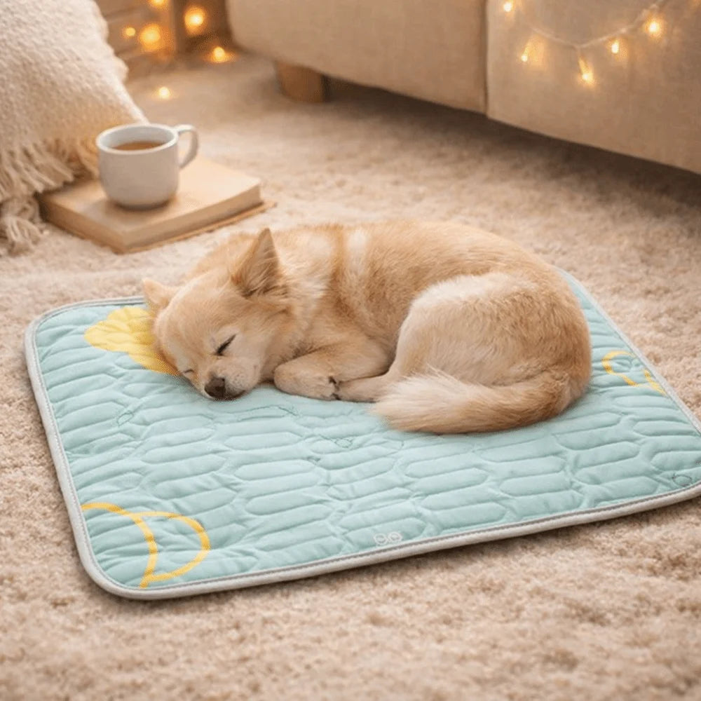 tapis rafraîchissant lavable confortable animaux compagnie bleu clair beige vert clair orange coeurs motifs