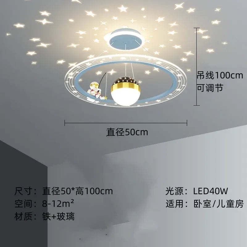 suspension lumineuse moderne astronaute étoiles blanche dorée bleue anneaux concentriques