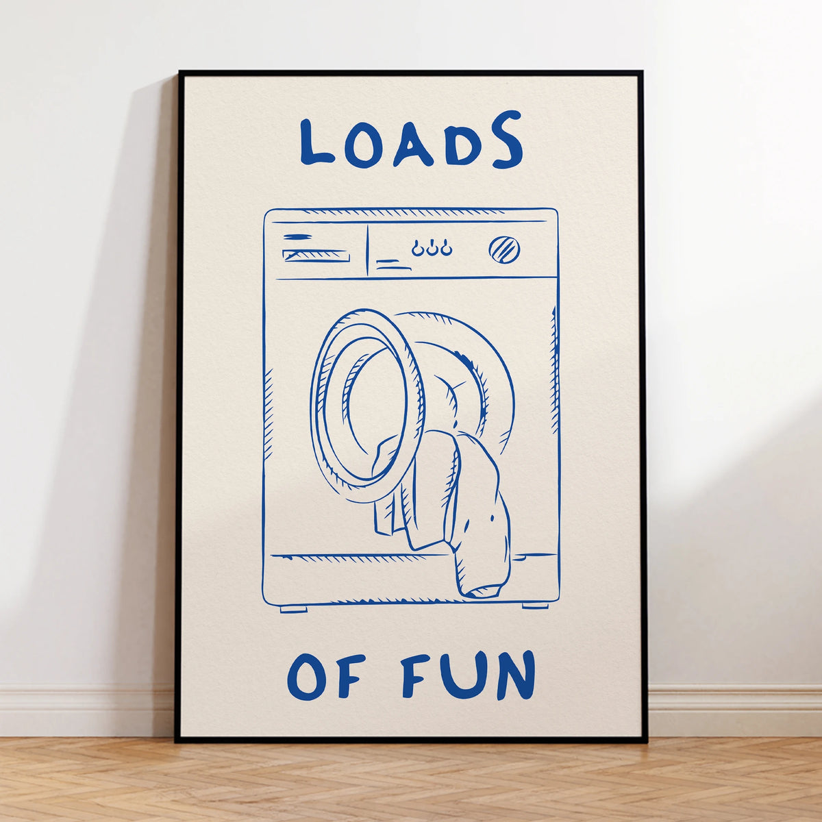 affiche graphique loads of fun machine laver blanche bleue noire decoration humoristique salon maison