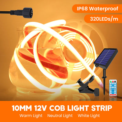 Ruban LED solaire extérieur étanche IP68 COB 12V éclairant une terrasse de jardin