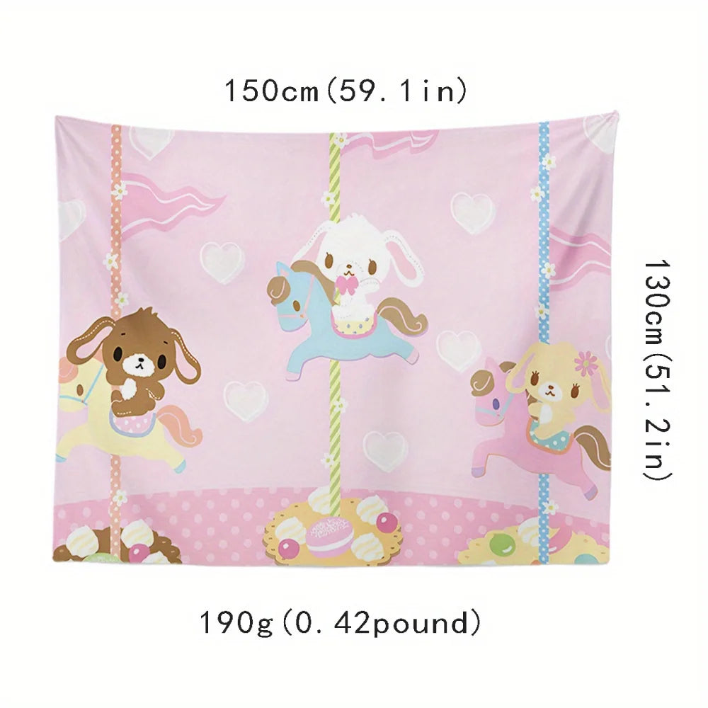tapisserie animaux carrousel rose clair beige bleu illustration douce enfant clips magnétiques 150x130cm 150x200cm