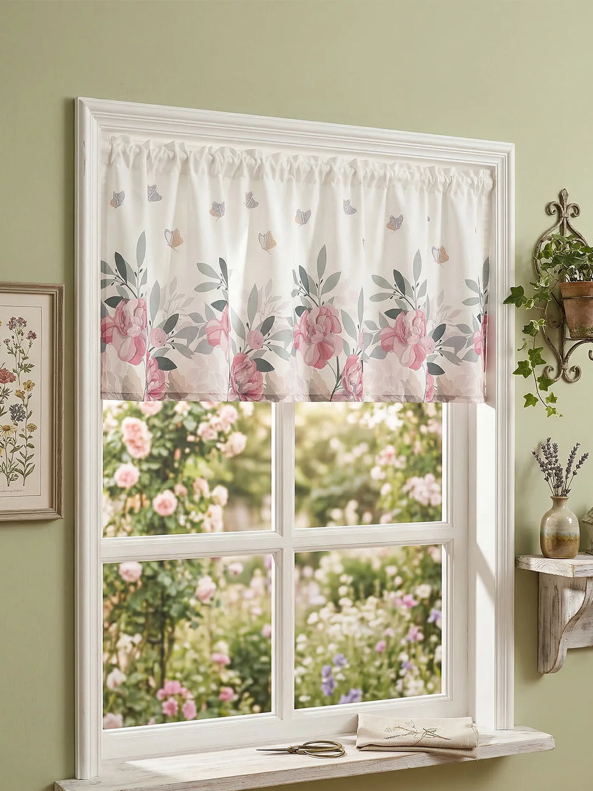 rideau imprimé floral blanc rose gris vert classique romantique bordure décorative polyester cuisine chambre