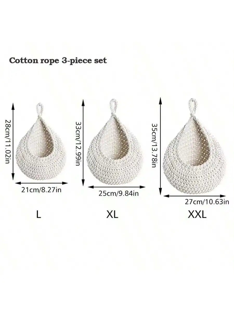 paniers suspendus tissu crocheté beiges rustiques respectueux environnement anneaux métalliques multifonctionnels rangement cuisine decoration