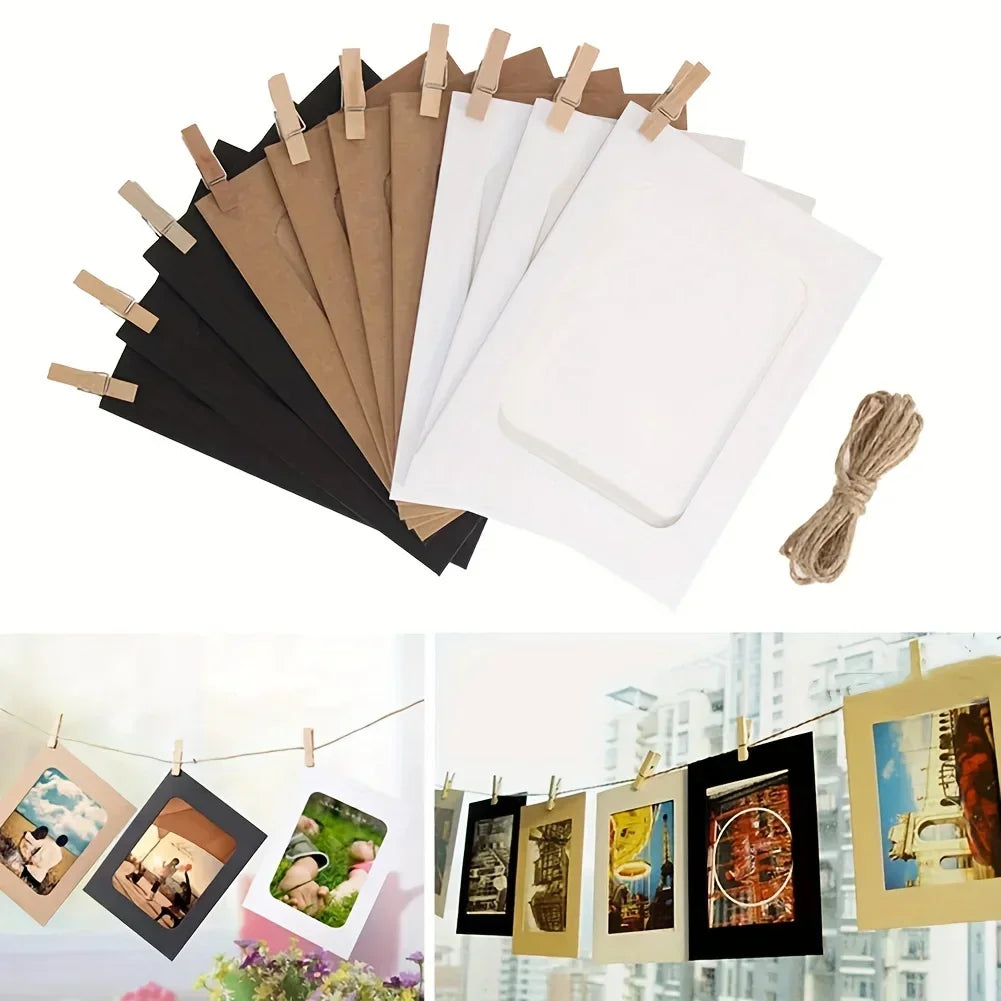 cadres photo carton noir marron blanc pinces bois suspension mur decorative rustic minimaliste