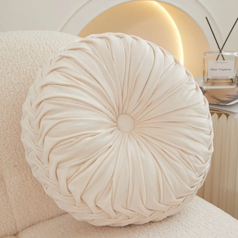 coussin rond plissé velours polyester fibre massage couleur rose gris moderne