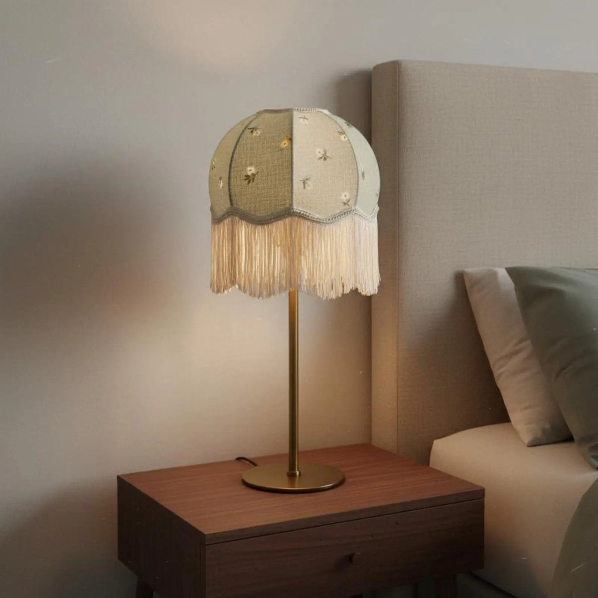 abat jour vert feuilles classique franges opacité tissu lampe décoration chambre moderne vintage