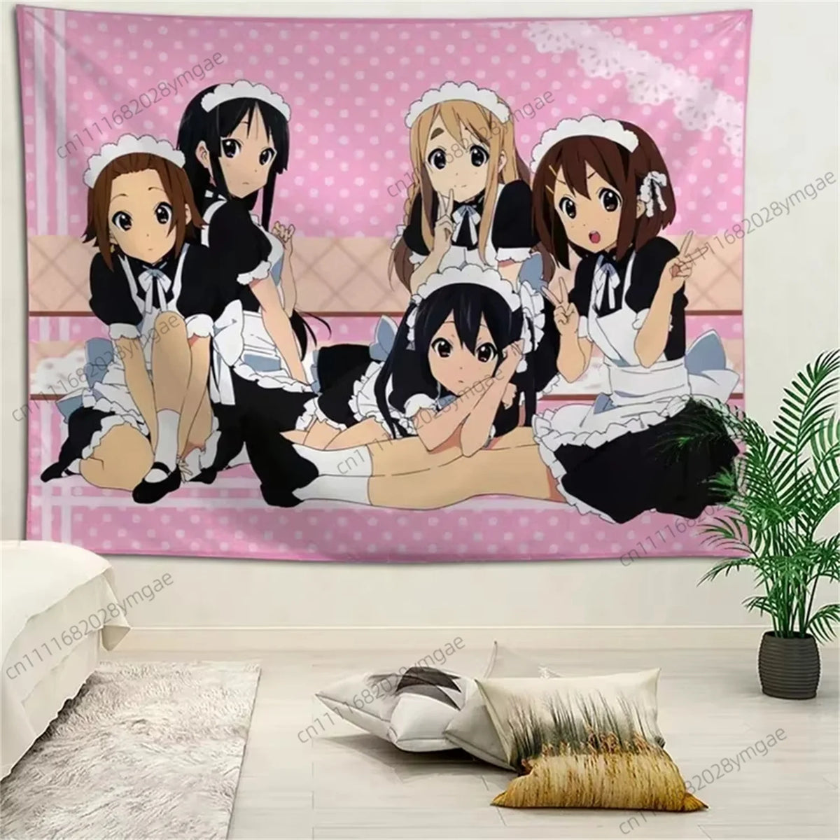 tapisserie anime mignonne pois blanc fond rose bordure dentelle chambre adolescente decoration murale