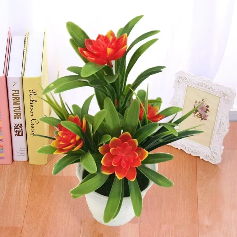 plantes artificielles vertes rouges jaunes fleurs multicolores décoration intérieure moderne pot blanc ornement chambre