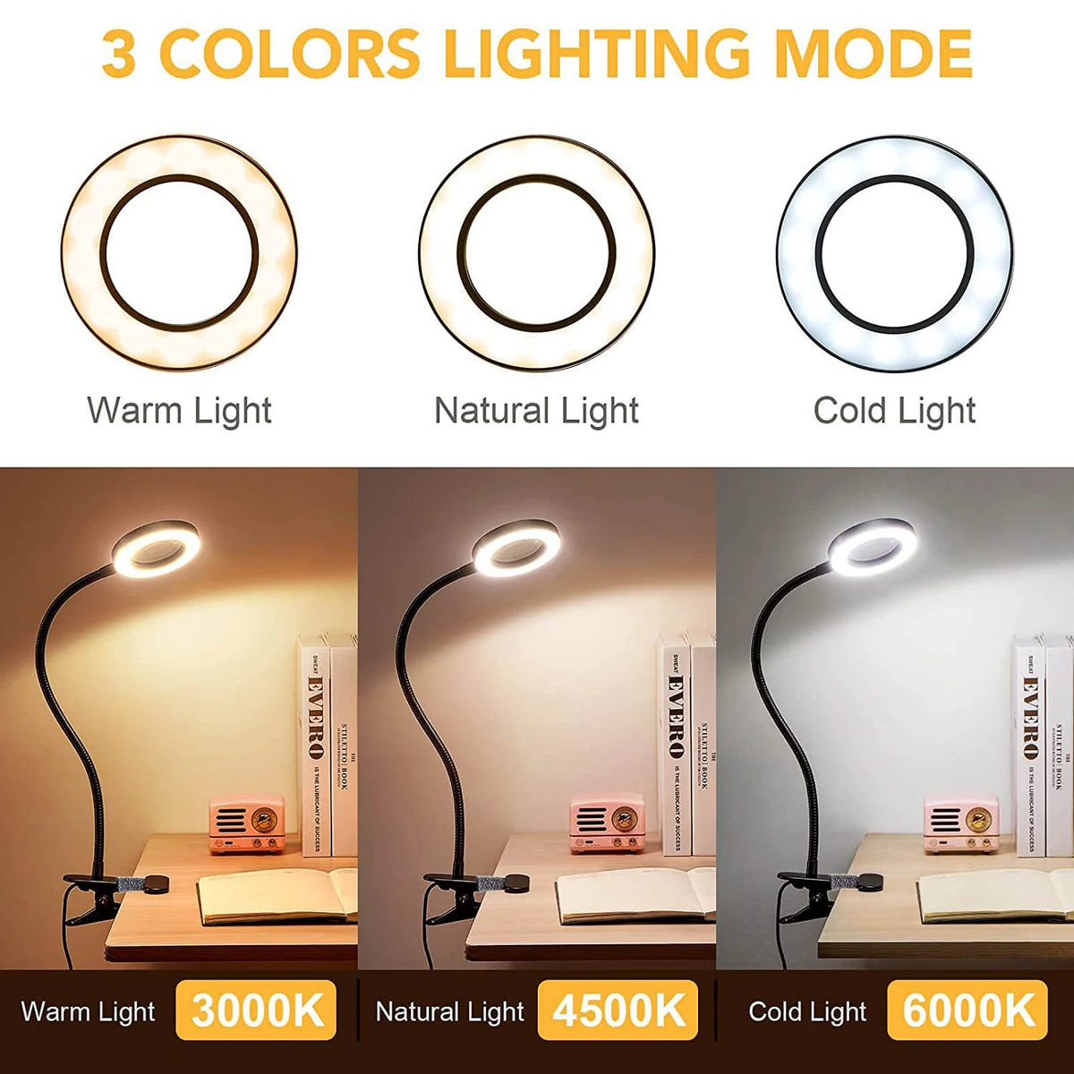 loupe led clip moderne interrupteur bouton poussoir câble usb noir blanc