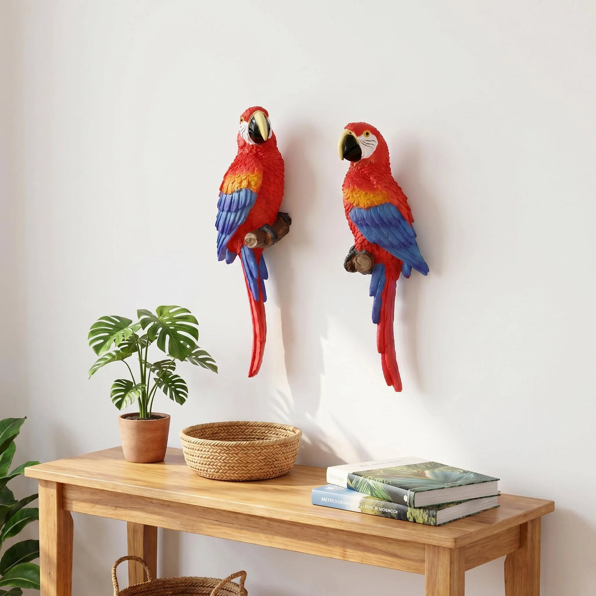 décoration murale perroquet réaliste plumes couleur rouge bleu jaune vert tropical fixations murales tronc