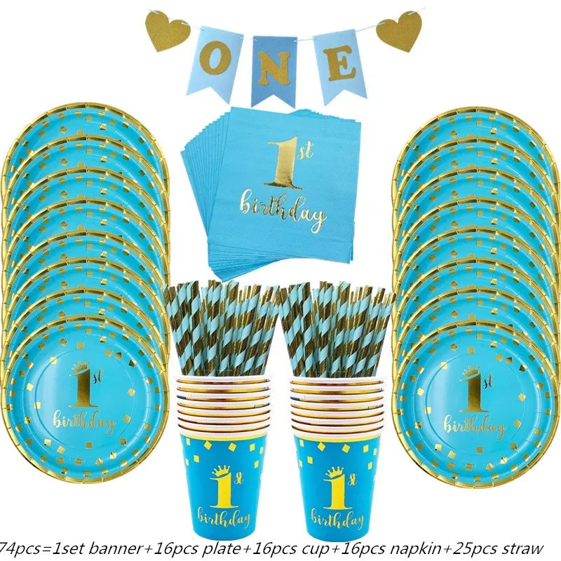 assiettes bleu clair anniversaire 1er anniversaire doré festif serviettes gobelets napkin tablecloth set festivités