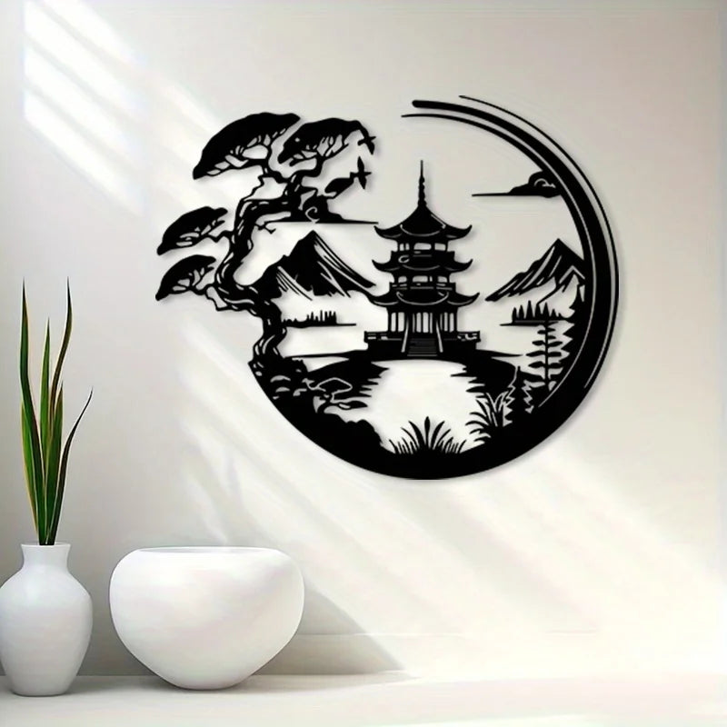 décoration murale paysage japonais pagode montagnes arbre minimaliste plaque murale noir artisanal