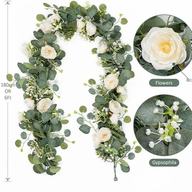 guirlande florale artificielle vertes feuilles blanches fleurs mariage romantique anniversaire baby showerintérieur
