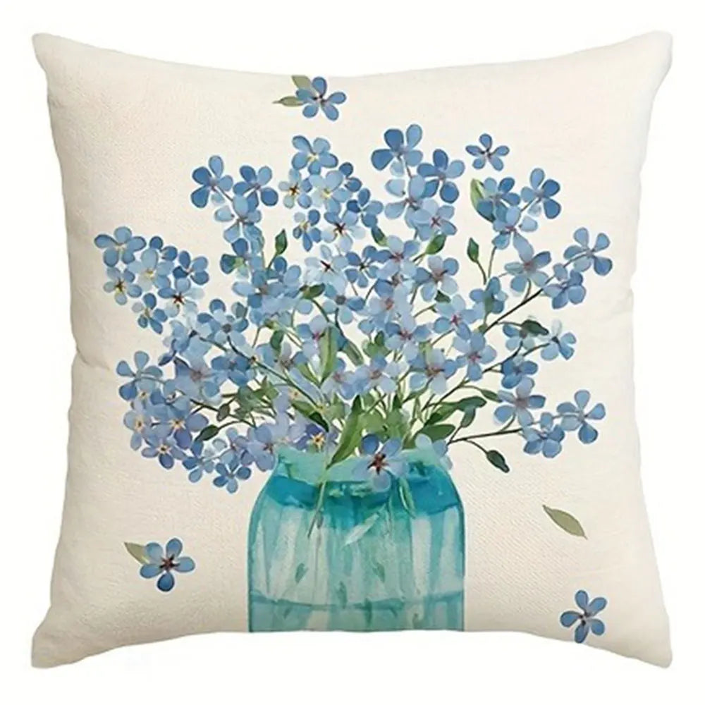 housse coussin polyester motif fleurs bleues texte chambre salon décoration moderne bleu blanc