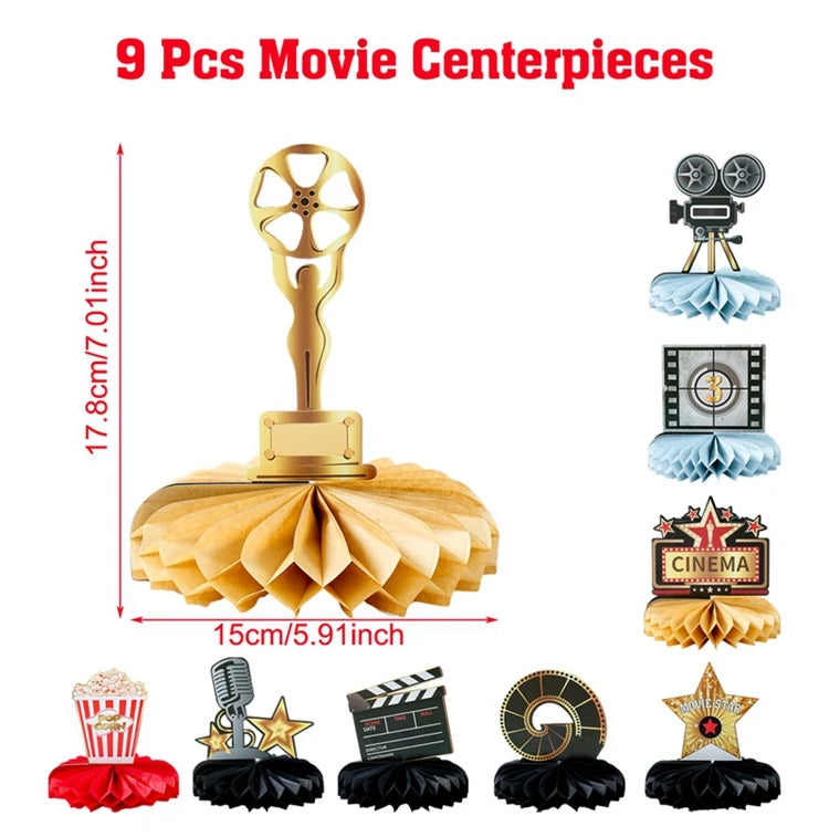 décoration anniversaire thème cinéma assiettes jetables serviettes gobelets nappe guirlande popcorn rouge noir doré