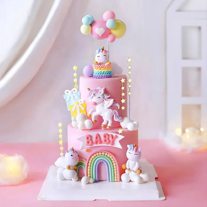 décorations gâteau anniversaire licorne arc ciel papillon fleur rose blanche enfantines cérémonie festives